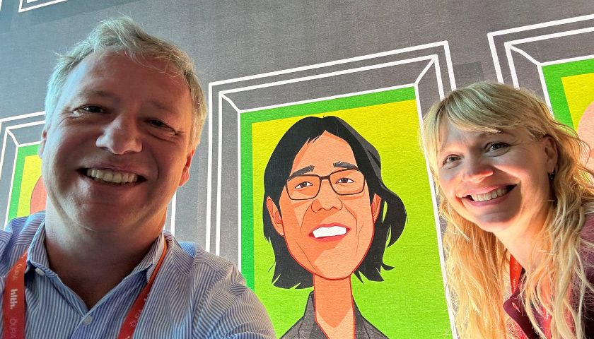 Udo Hoffmann,MD, MPH and Krissy Wright with Dr. Min’s HLTH caricature.